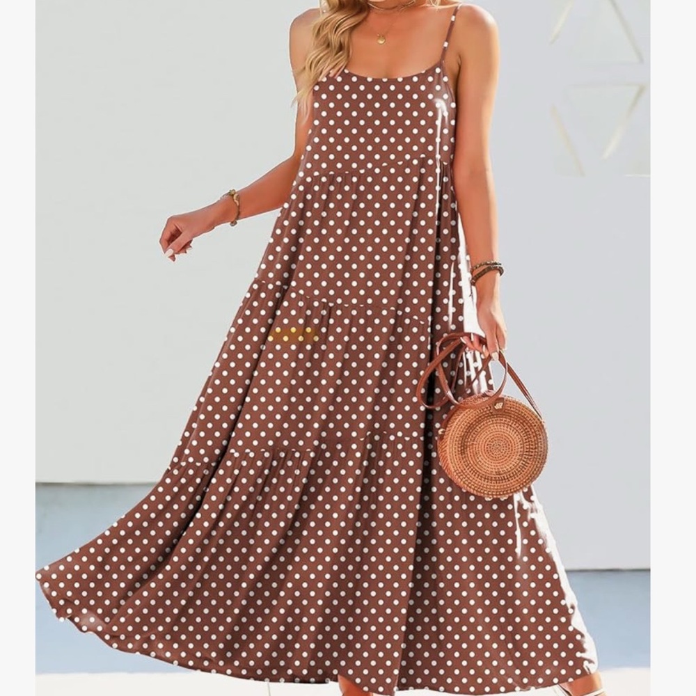 Elegant Brown Polka Dot Maxi Dress